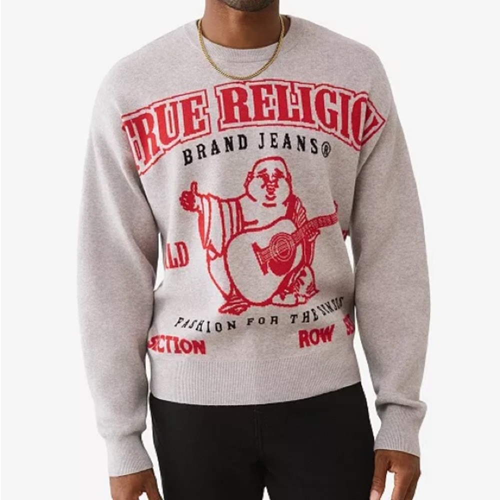 BNWT True Religion Gray Crewneck Sweater w/ Red Spellout & Buddha